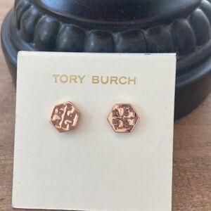 Tory Burch rose gold hexagon logo stud earrings